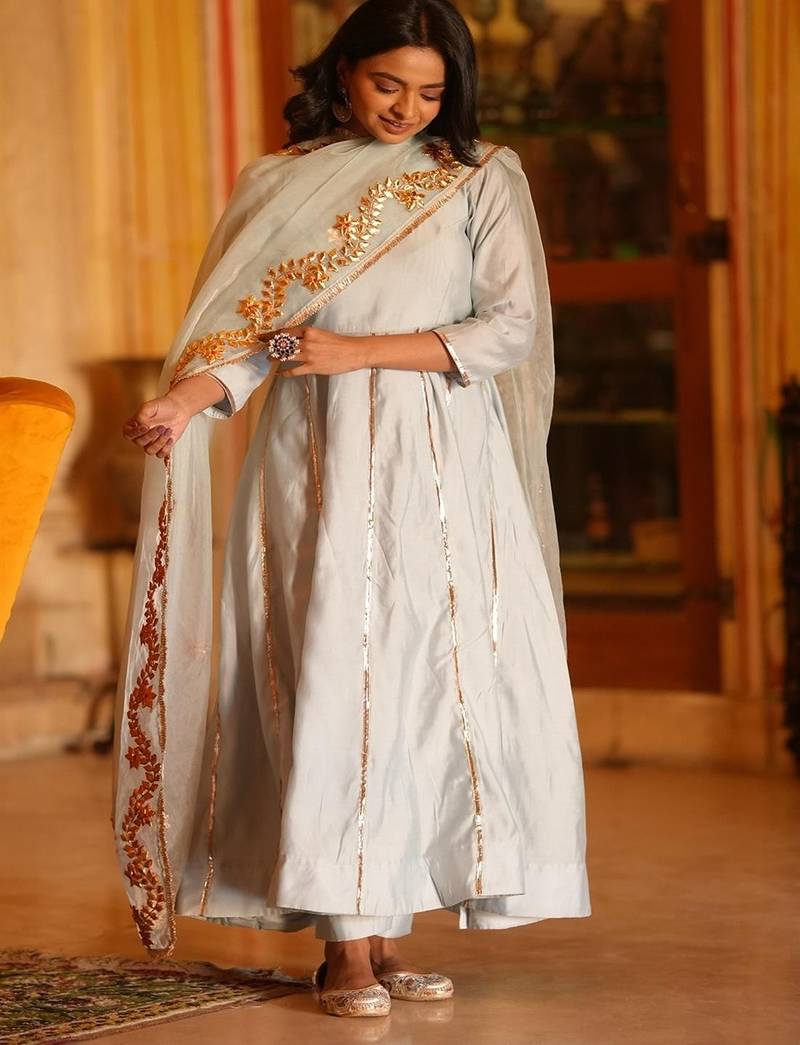 Light aqua blue silk embroidered anarkali pant with duptta