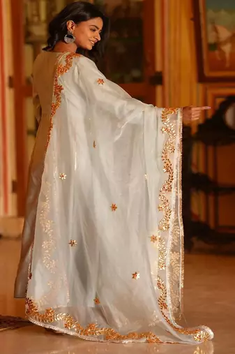 Light aqua blue silk embroidered anarkali pant with duptta