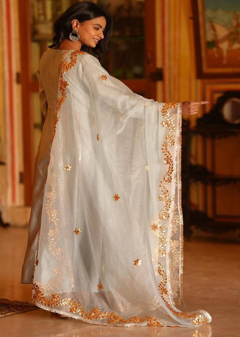 Light aqua blue silk embroidered anarkali pant with duptta