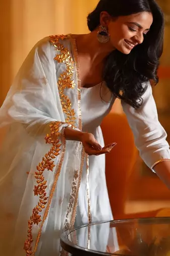 Light aqua blue silk embroidered anarkali pant with duptta