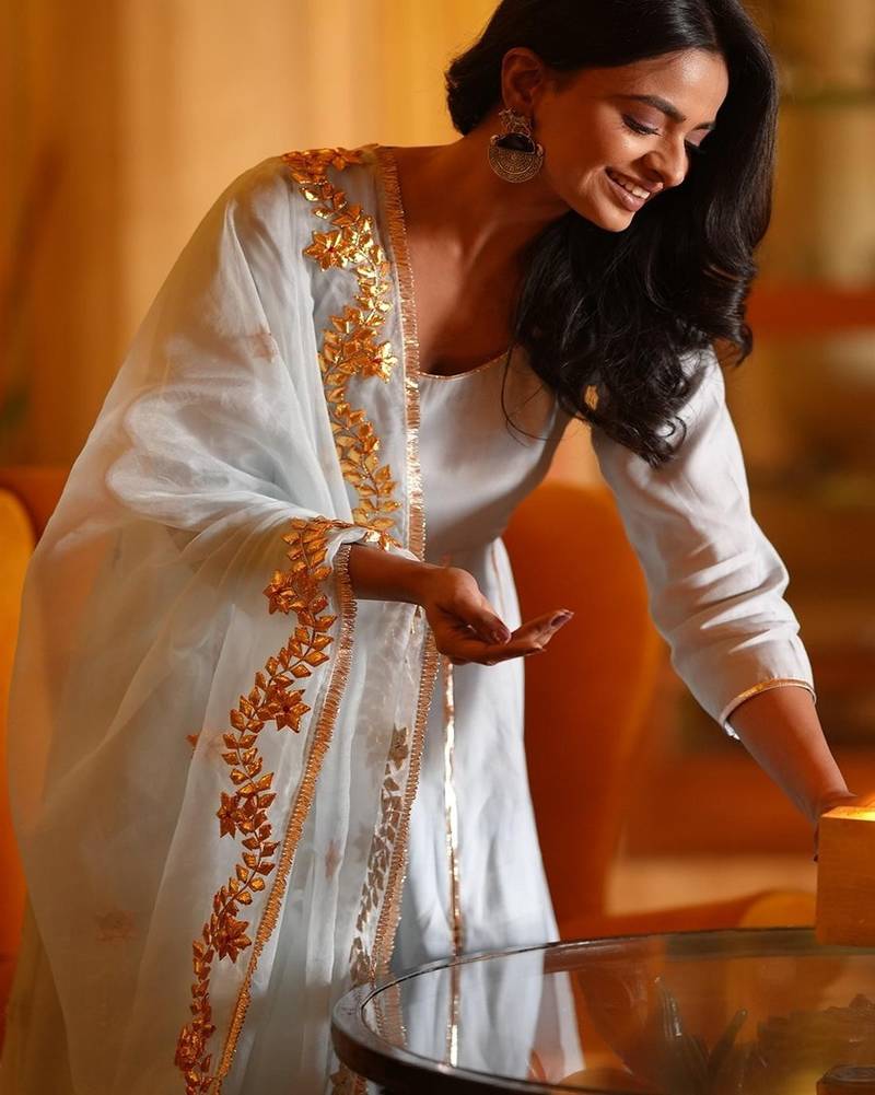 Light aqua blue silk embroidered anarkali pant with duptta