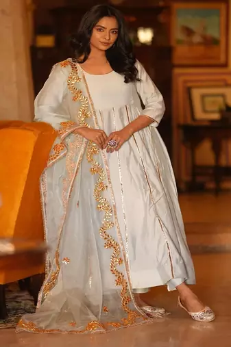Light aqua blue silk embroidered anarkali pant with duptta