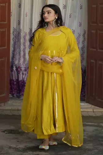 Yellow silk embroidered kurta pant with duptta