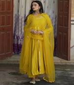Yellow silk embroidered kurta pant with duptta