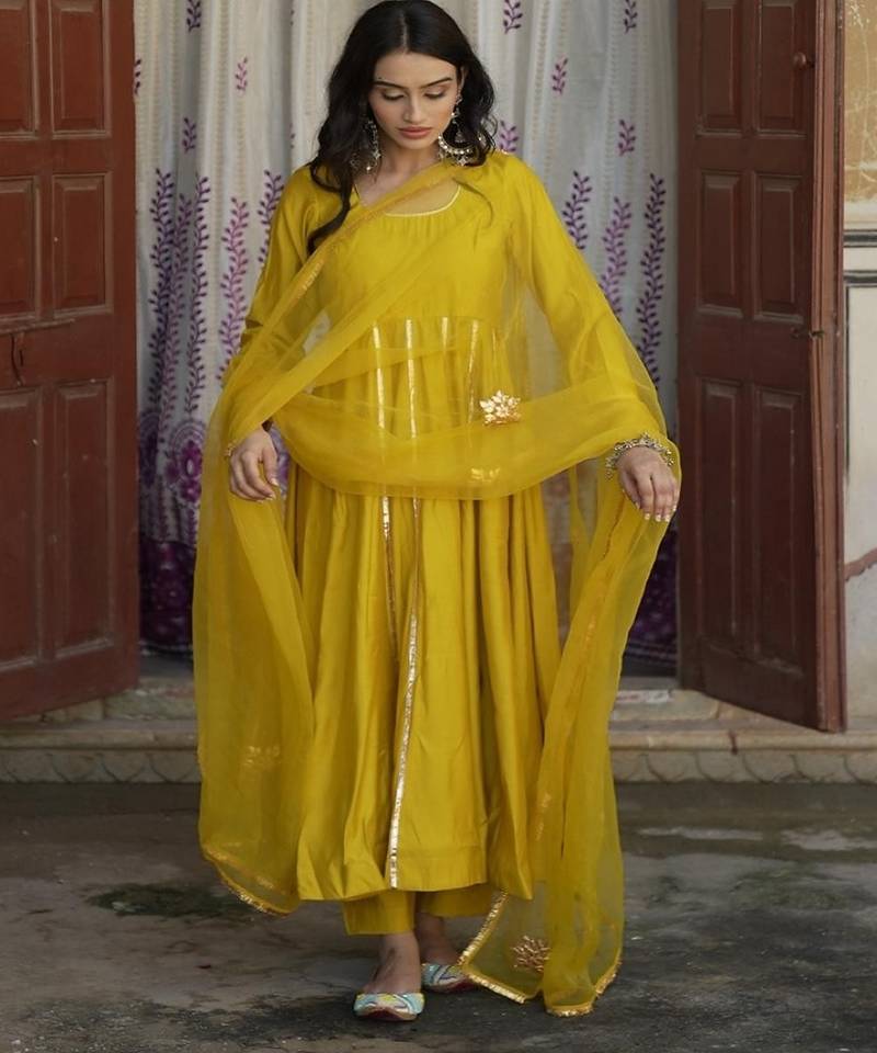 Yellow silk embroidered kurta pant with duptta