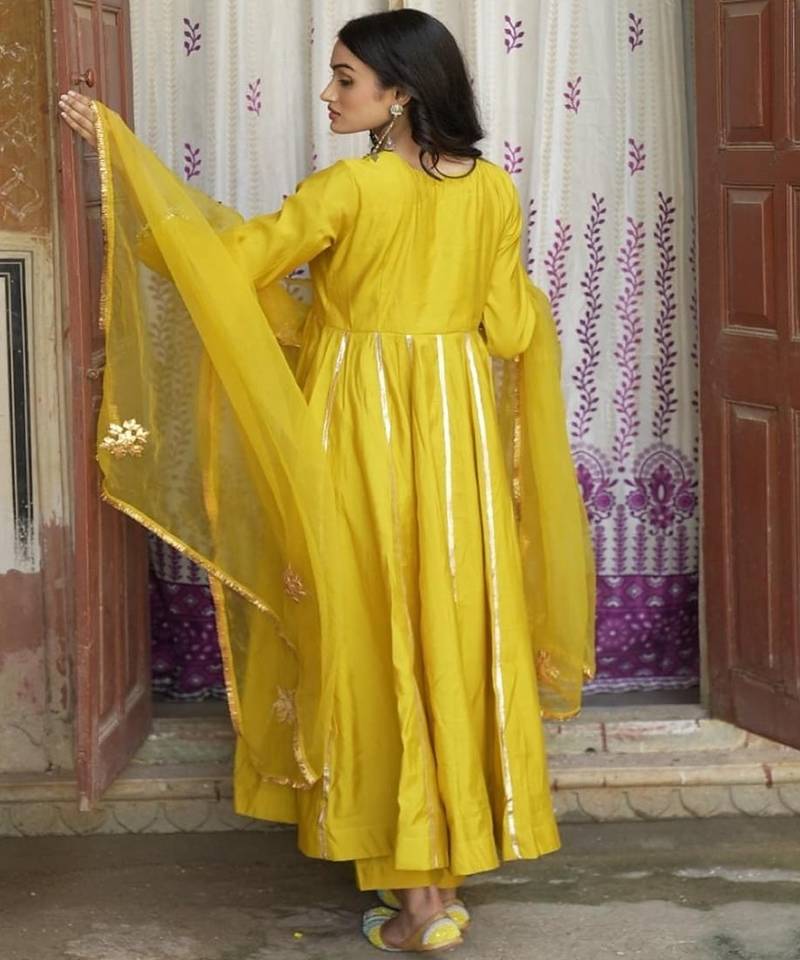 Yellow silk embroidered kurta pant with duptta