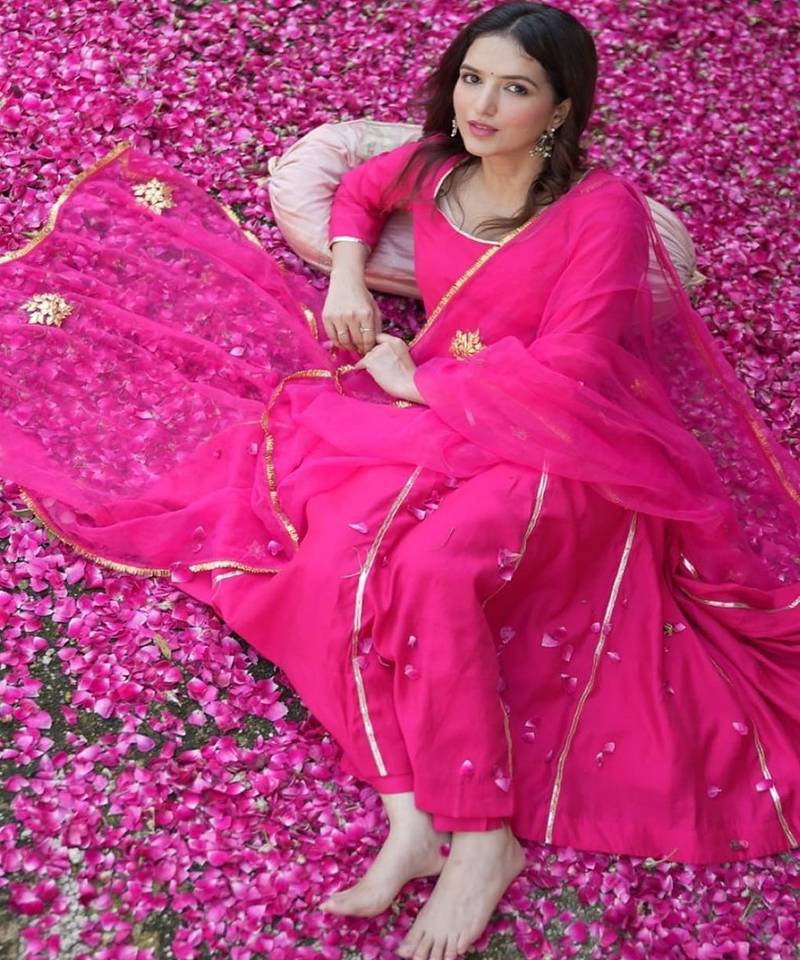 Magenta silk embroidered kurta pant with duptta
