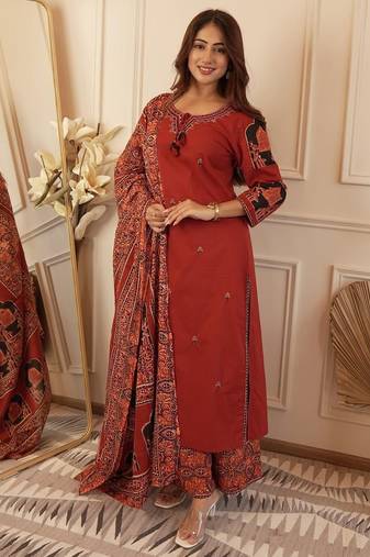 Blood red cotton printed printed duptta suit set