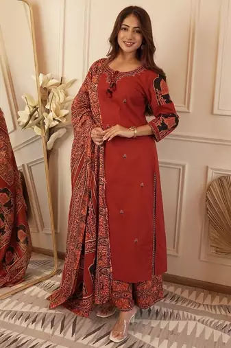 Blood red cotton printed printed duptta suit set