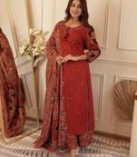 Blood red cotton printed printed duptta suit set