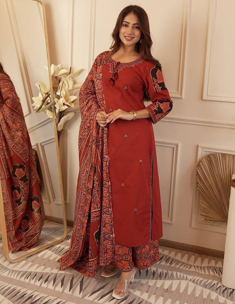 Blood red cotton printed printed duptta suit set