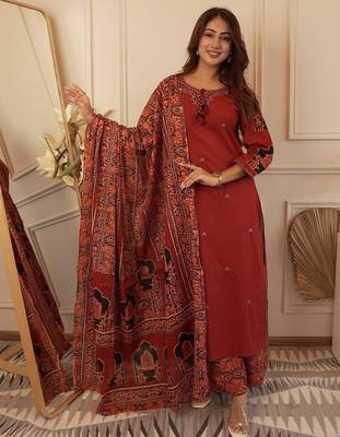 Blood red cotton printed printed duptta suit set 4