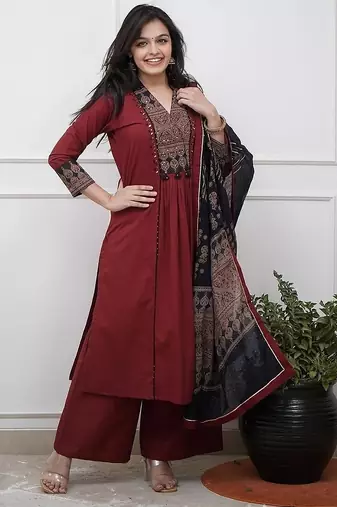 Blood red cotton printed embrodery suit set with duptta