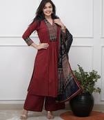 Blood red cotton printed embrodery suit set with duptta