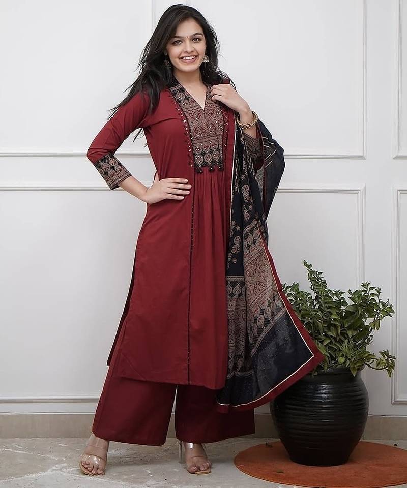 Blood red cotton printed embrodery suit set with duptta