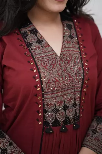 Blood red cotton printed embrodery suit set with duptta
