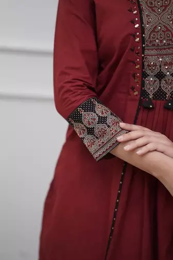 Blood red cotton printed embrodery suit set with duptta