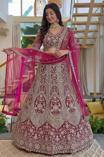 pink net lehenga with cording embroidery work