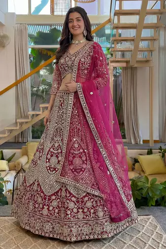 pink net lehenga with cording embroidery work