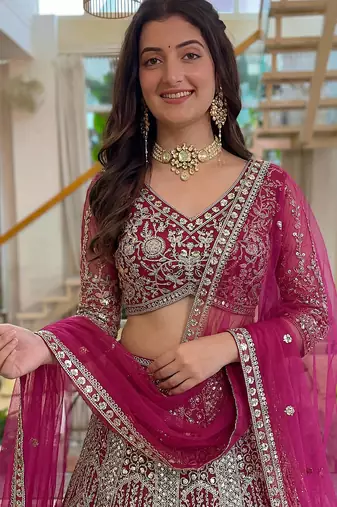 pink net lehenga with cording embroidery work