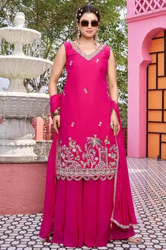 pink star georgette salwar suit with embroidery work