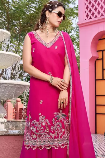 pink star georgette salwar suit with embroidery work