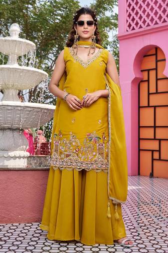 yellow georgette kurta palazzo with beaded sequin work
