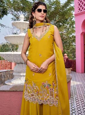 yellow georgette kurta palazzo with beaded sequin work 2