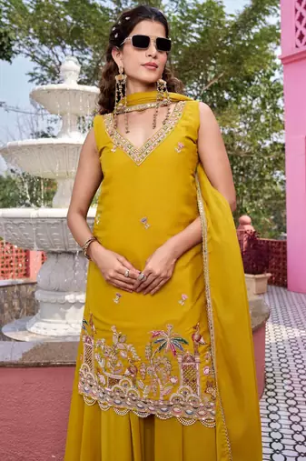 yellow georgette kurta palazzo with beaded sequin work