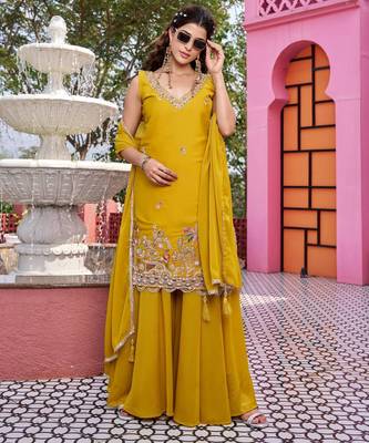 yellow georgette kurta palazzo with beaded sequin work 3