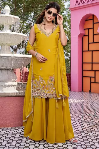 yellow georgette kurta palazzo with beaded sequin work