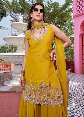 yellow georgette kurta palazzo with beaded sequin work 4