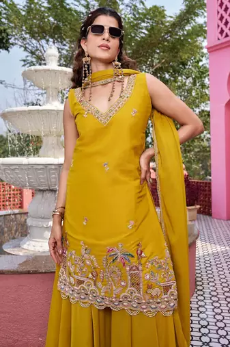 yellow georgette kurta palazzo with beaded sequin work