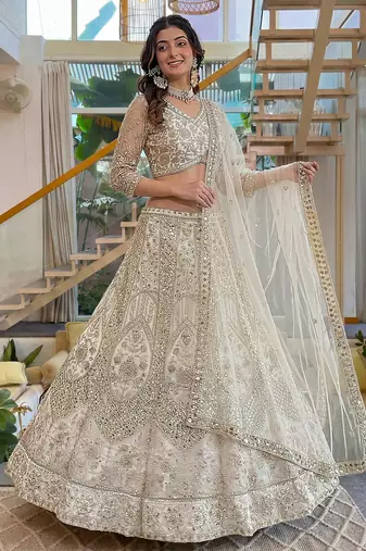 off-white net lehenga with cording and sequins work