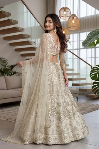 off-white net lehenga with cording and sequins work