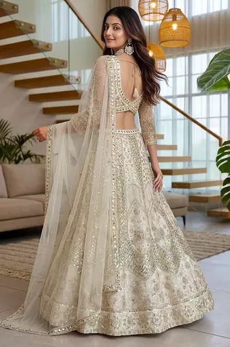 off-white net lehenga with cording and sequins work