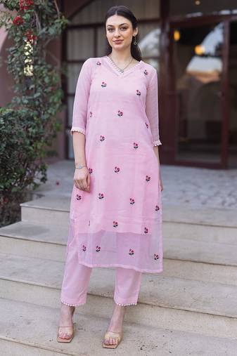Light pink embroidered cotton kurta set