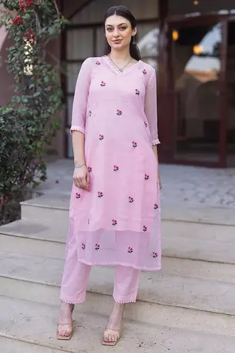 Light pink embroidered cotton kurta set