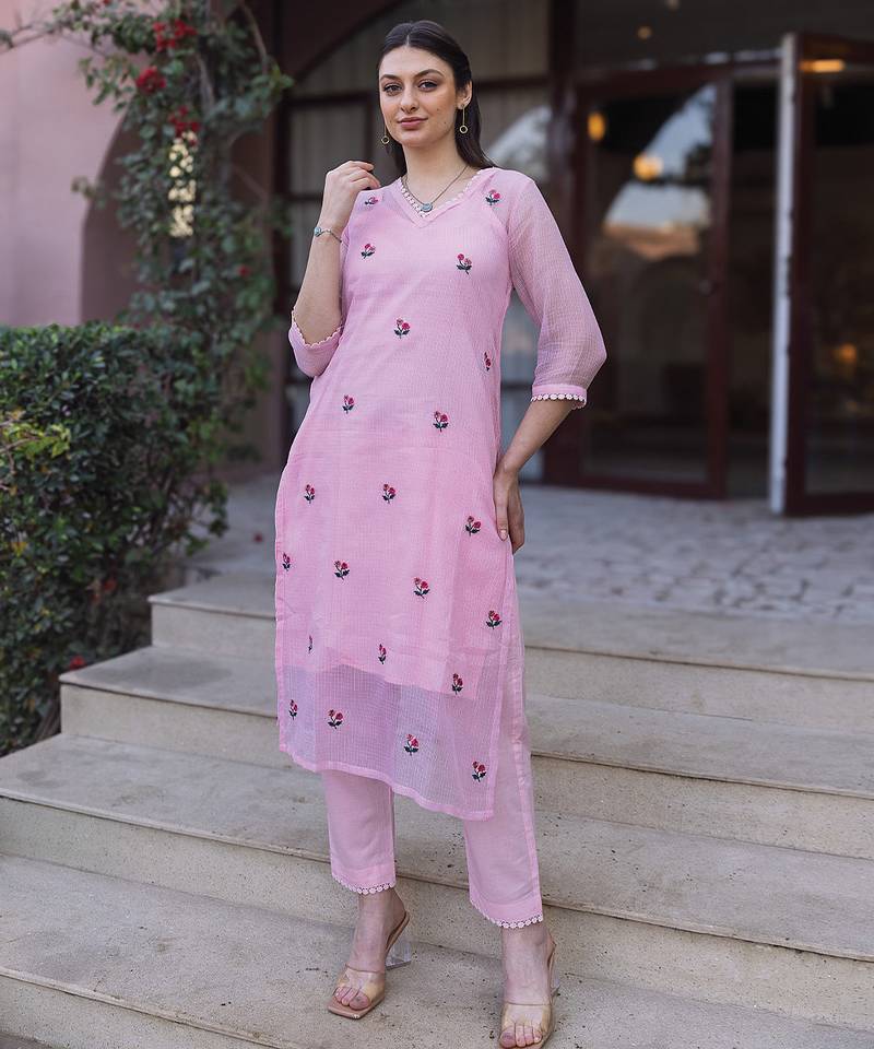 Light pink embroidered cotton kurta set
