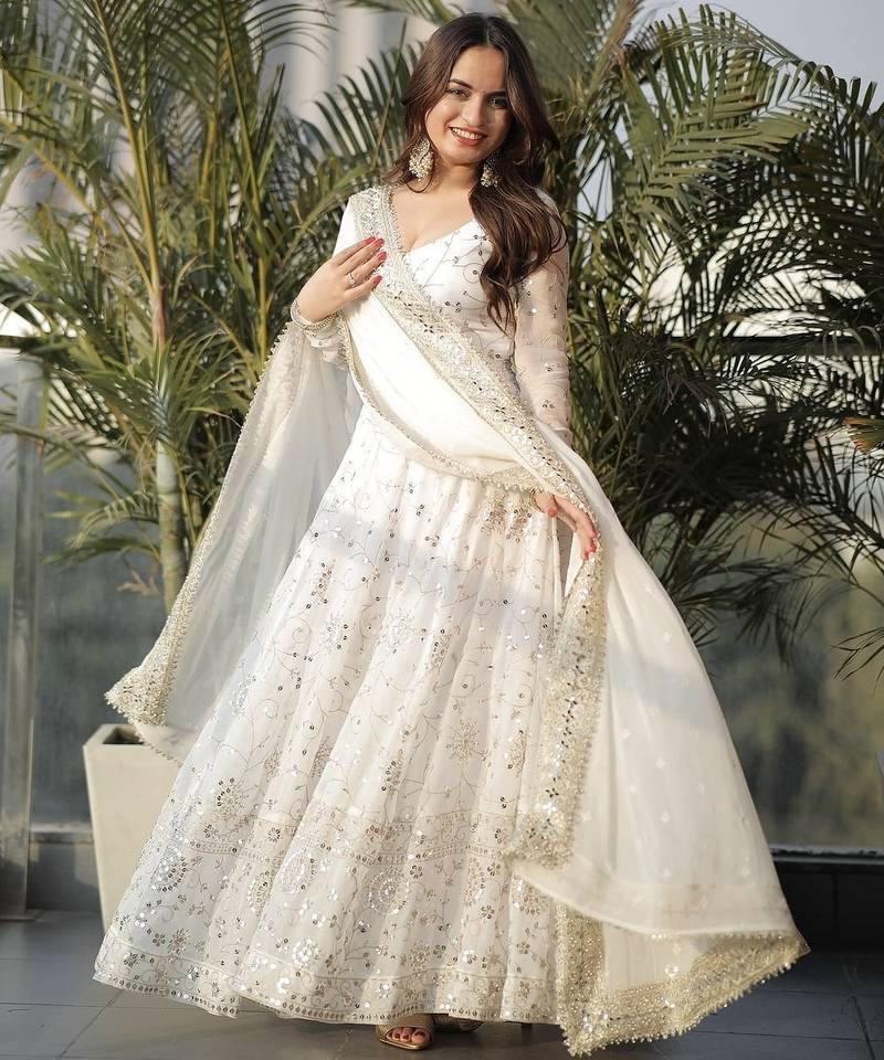 White embroidery full stitched anarkali suit