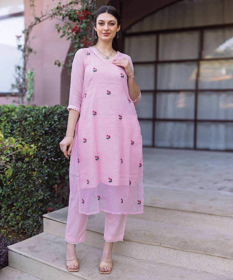 Light pink embroidered cotton kurta set