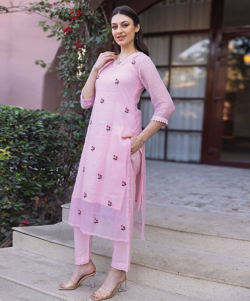Light pink embroidered cotton kurta set