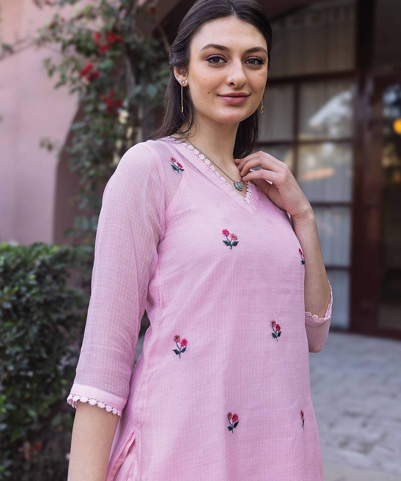 Light pink embroidered cotton kurta set