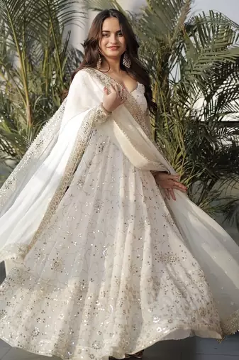 white embroidered georgette anarkali suit set for festive wear
