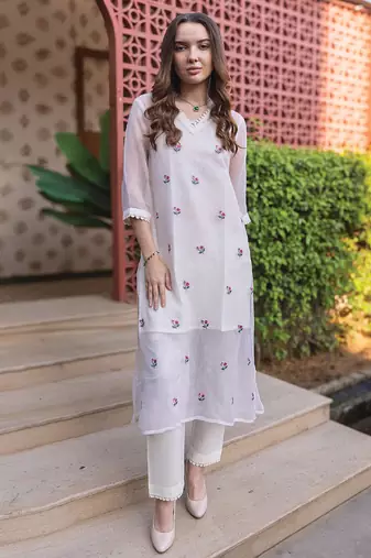 off white cotton kurta set with detailed embroidery