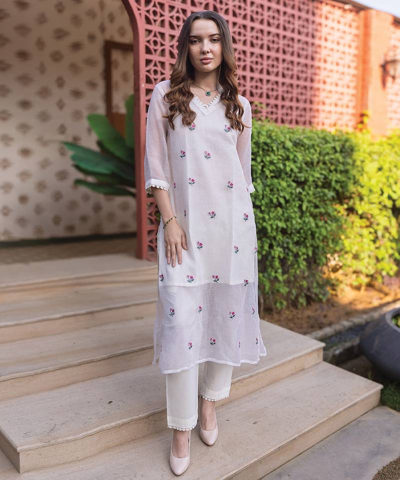 Off white embroidered cotton kurta set