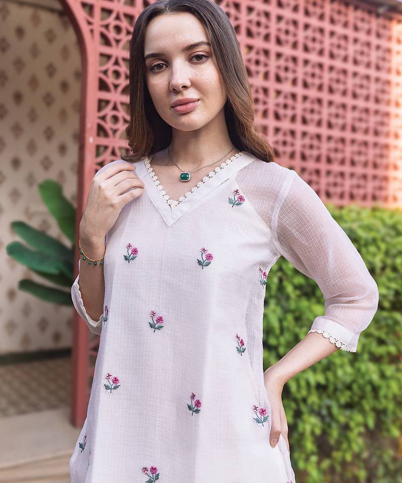 Off white embroidered cotton kurta set