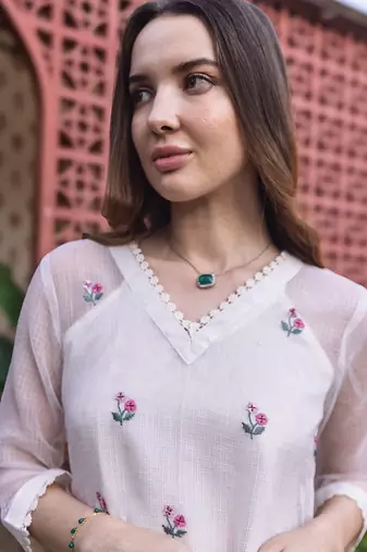 off white cotton kurta set with detailed embroidery