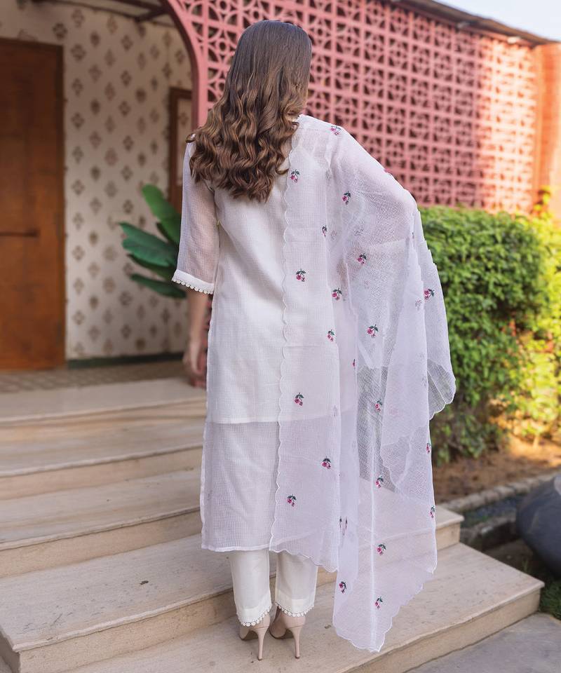 Off white embroidered cotton kurta set