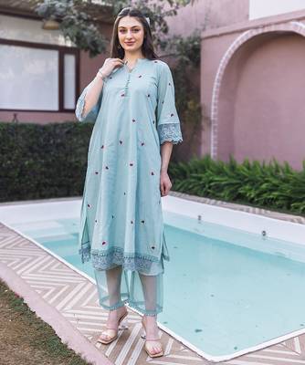 blue cotton straight suit set with embroidered work 1